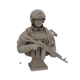 3D model render of a modern soldier bust wearing a helmet and tactical gear, holding an assault rifle.