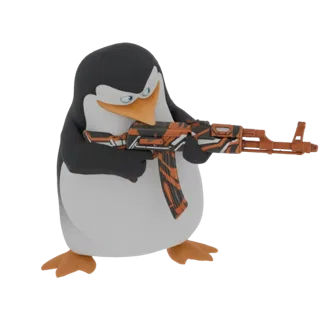 Modelo 3D de un pingüino caricaturesco con expresión agresiva, sosteniendo un rifle AK-47 camuflado en naranja y negro.