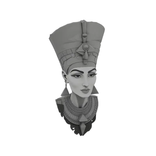 3D model of the Bust of Nefertiti, featuring her iconic headdress and regal profile against a black background.