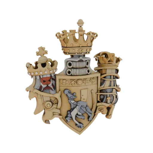 3D model of Lazarevs coat of arms in mechanical style, with crowns and stylized animal on shield