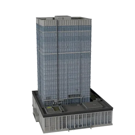 Modern Skyscraper low poly 3D model, game-ready exterior view, showing commercial office building materials and architectural detail