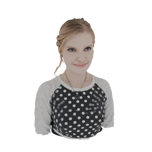 3D model of a young woman with blonde hair, wearing a black and white polka dot top with white lace sleeves and a pendant nec