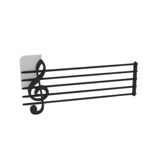 Modello 3D di rigo musicale con chiave di violino nera su piastra bianca, su sfondo bianco
