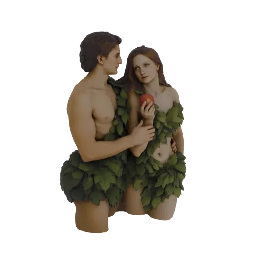 3D model of Adam and Eve, depicted in a lifelike style, standing together and adorned with leaves, with Eve holding a red app
