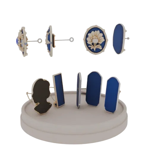 Floral Cameo Brooch product viz 3D model, top-down studio render, with clean topology and PBR shading on the brooch.