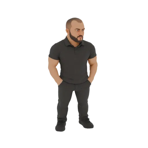 3D model of a muscular man with short hair and beard, wearing a dark polo shirt and dark pants, standing with hands in pocket