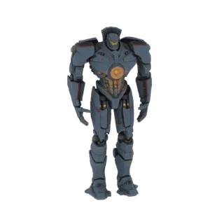 Modèle 3D du mécha Jaeger Gipsy Danger de Pacific Rim, debout sur un fond blanc.
