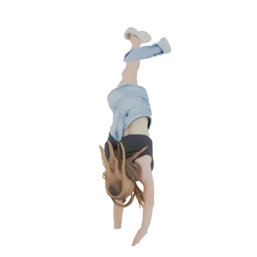 3D model of a young girl in denim shorts performing a handstand, with her hair flowing downwards.