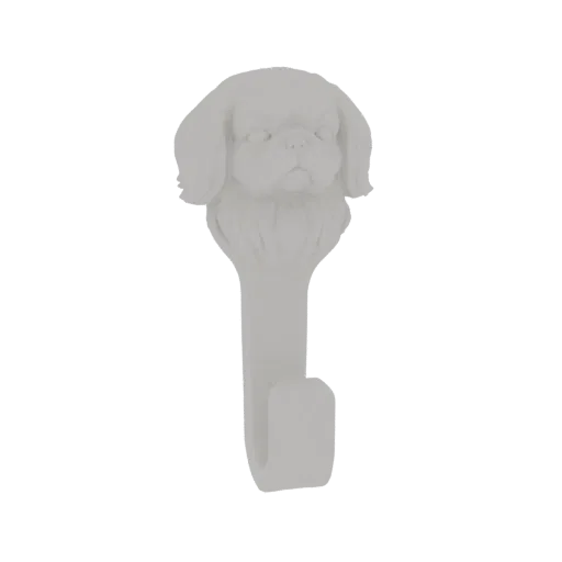 3D model of a white dog face with a hook extending downwards, against a black background.