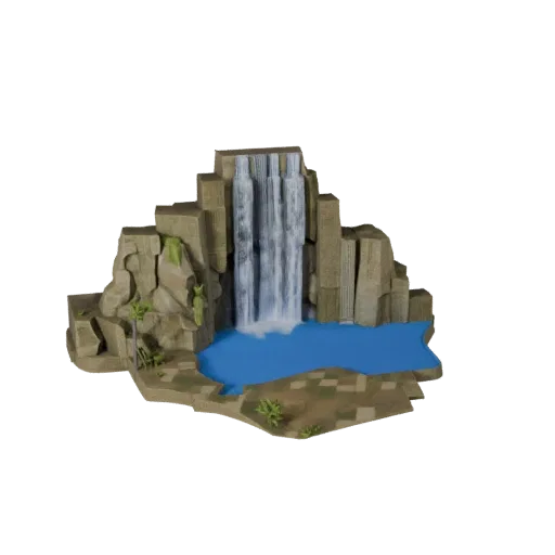 Cave Waterfall Pool Modular 3D model, isometric modular kit view, showing wet stone, water edges.