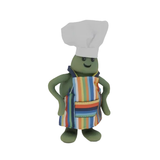 3D model of a green turtle wearing a white chef's hat and a colorful striped apron, standing with hands on hips.
