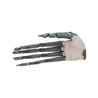 3D model of a futuristic robotic hand prosthetic with articulated metallic fingers attached to a human-like palm.