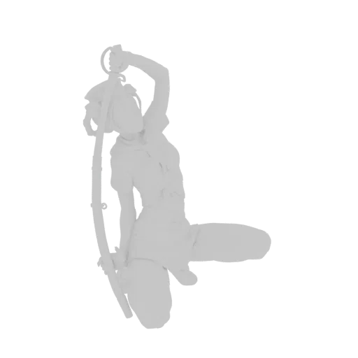 Modello 3D di una giovane ragazza samurai in posa inginocchiata dinamica, con katana, renderizzato in materiale grigio chiaro