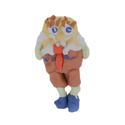 3D model of a whimsical claymation character with a yellow body, brown shorts, and a red tie, against a white background.