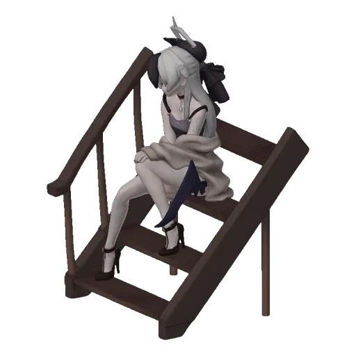 3D model of a gothic anime girl with black and white hair sitting on wooden stairs, wearing a light dress and bat-wing access