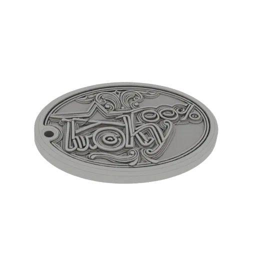 3D render of an oval emblem with the word 'Lucky' in decorative script, surrounded by scrollwork and a star.