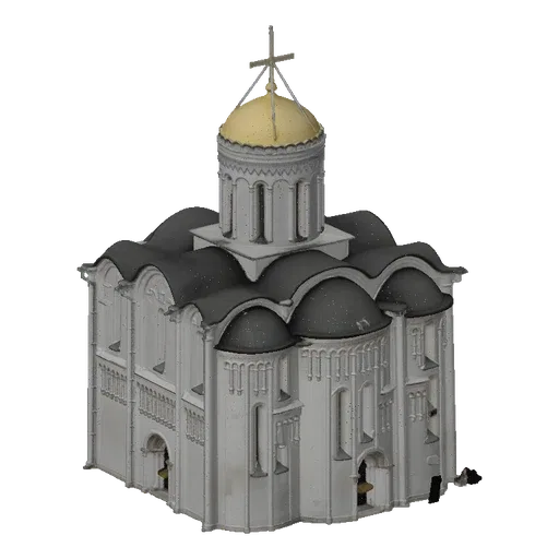 3D model of a white Orthodox church with a golden dome and multiple dark grey roofs, set against a white background.