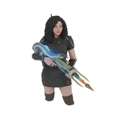 3D model of a female character with dark curly hair, wearing tactical gear and holding a seahorse-shaped trident rifle with g