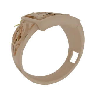 3D render of a detailed square signet ring with ornate filigree on the face and a smooth band, presented on a white backgroun