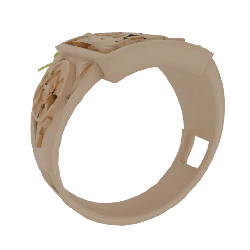 3D render of a detailed square signet ring with ornate filigree on the face and a smooth band, presented on a white backgroun