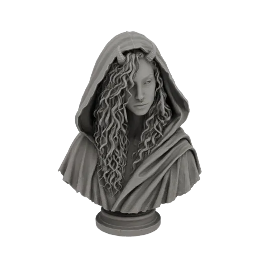 3D model render of a grey bust of a mysterious figure wearing a hood, with curly hair and small horns, on a circular base.