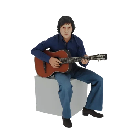 3D model of a man sitting on a grey cube and playing a brown acoustic guitar, wearing a blue shirt and blue bell-bottom pants