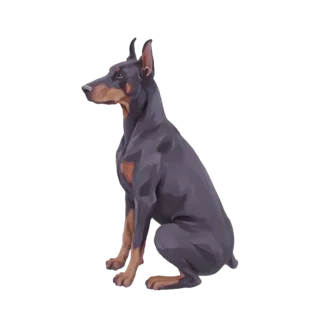 A realistic 3D model of a Doberman Pinscher dog sitting attentively, viewed from the side.