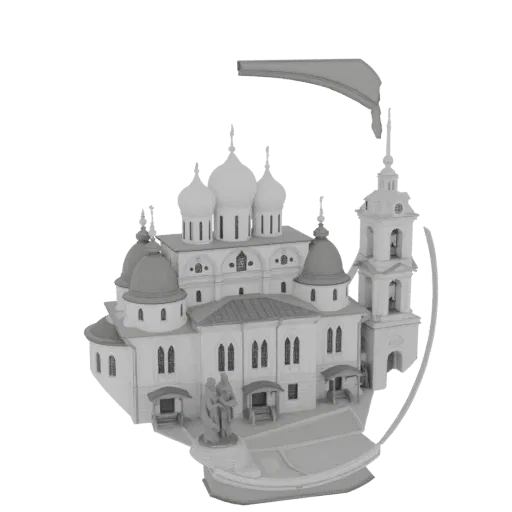 3D model of a detailed Orthodox church complex with multiple domes and a bell tower, rendered in grayscale.