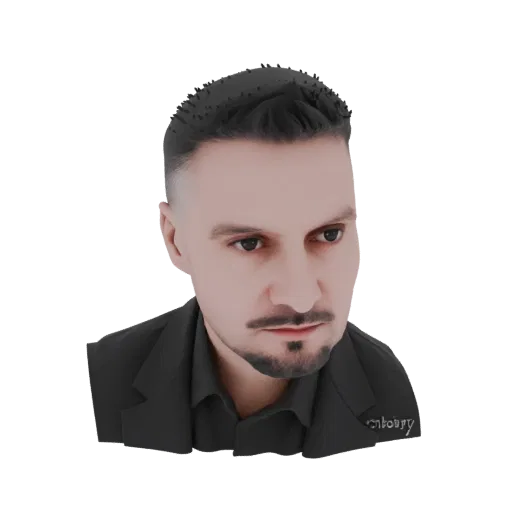 عرض موديل ثلاثي الأبعاد لرجل بشعر داكن قصير، يرتدي سترة بدلة سوداء وقميصًا، ينظر إلى الجانب.