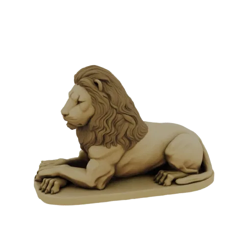 Un modèle 3D d'une majestueuse statue de lion en pose couchée, avec une crinière détaillée et des pattes au repos, présenté s