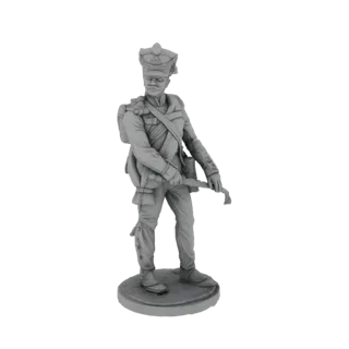 3D model render of a 19th-century Polish Hussar in uniform, holding a sabre, standing on a circular base.