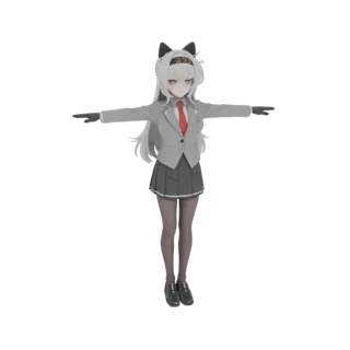 Modèle 3D d'une écolière style anime avec cheveux blancs, portant un blazer gris, une cravate rouge et une jupe grise, en T-p