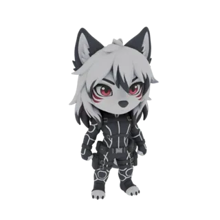 3D model of a chibi wolf character wearing a black tactical suit with white accents, standing against a white background.