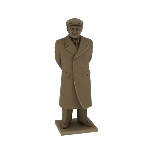 3D model render of a man in a brown overcoat and cap, standing formally with hands behind his back on a square base.