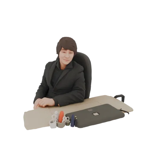 3D model of a businessman in a black suit sitting at a desk with a laptop and office supplies.