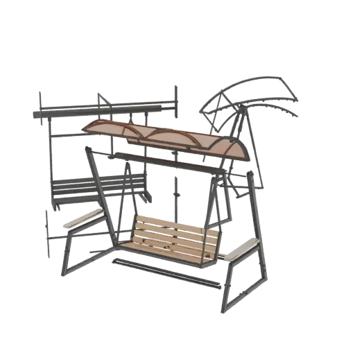 3D model of a modern outdoor swing set with a slatted wooden bench and a beige fabric canopy, set against a white background.