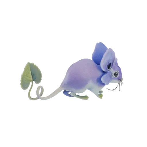 3D model of a whimsical fantasy mouse with large purple ears and a curling tail ending in a green leaf, set against a white background.