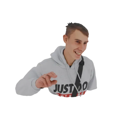 3D model of a young man with short hair, wearing a grey hoodie with 'JUST DO' text, smiling, and showing a ring on his finger