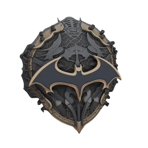 A 3D render of a Steampunk-inspired Batman emblem with intricate gears and metallic accents.