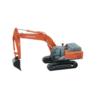 A 3D model of an orange and grey Hitachi ZX330 excavator with black tracks, viewed from a slightly elevated side angle.