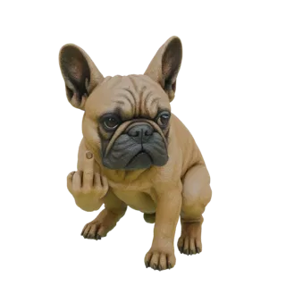 Modelo 3D de un Bulldog Francés canela sentado y levantando su pata para mostrar el dedo medio, con expresión neutra.