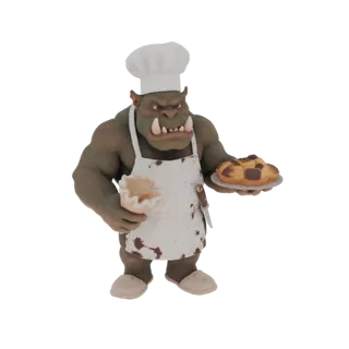 Modèle 3D d'un chef Orque à peau verte portant un chapeau blanc et un tablier, tenant une pâtisserie et un cornet de gaufre.