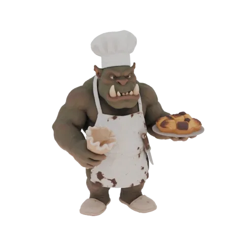 3D-Modell eines grün-häutigen Ork-Kochs mit weißer Mütze und Schürze, der Gebäck und eine Waffel-Tüte hält.