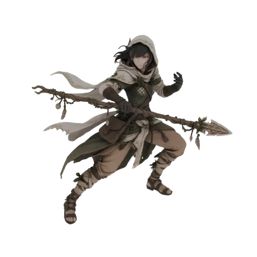 Modello 3D di un personaggio ranger fantasy in posa dinamica, che tiene un bastone adornato di foglie, indossa un mantello co