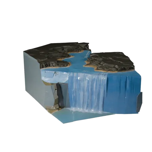 Waterfall Cliff Scene Unity 3D model, isometric viewport view, showing wet stone, water edges.