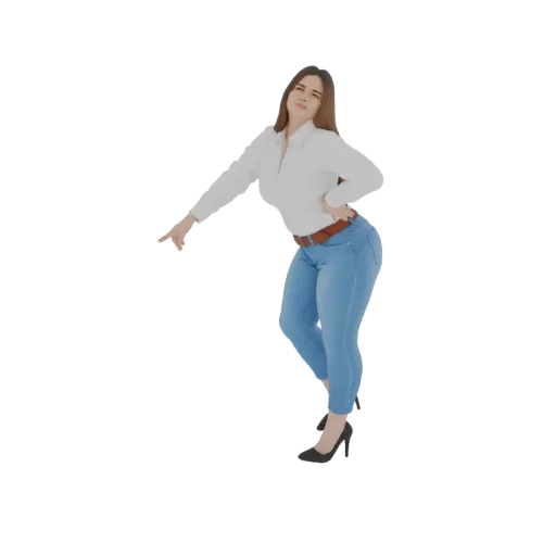 3D model of a woman with long brown hair, wearing a white shirt and blue jeans, posing with one hand on her hip.