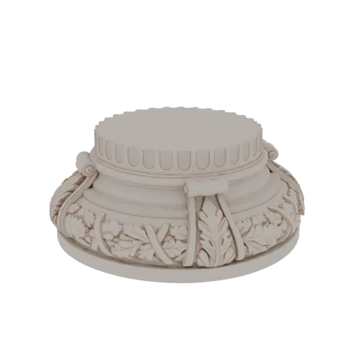 3D model of an ornate classical column base with intricate acanthus leaf carvings and decorative fluting.