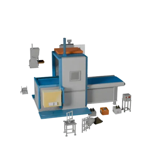Inspection Packing Machine Low Poly 3D model, game viewport three-quarter view, showing painted steel, machine stations.