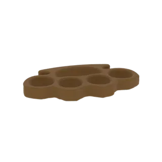 A 3D model of brown brass knuckles, viewed from a side angle, with four finger holes and a solid grip.