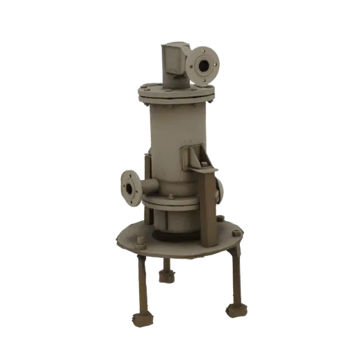 3D model of an industrial pump with a cylindrical body, side and top flanges, and a four-legged base.